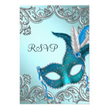 Teal Blue Silver Mask Masquerade Party RSVP Personalized Invite