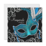 Teal Blue Silver Mask Teal Black Masquerade Party Invites
