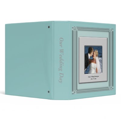 Teal Blue Silver Photo Frame Wedding 3 Ring Binders by decembermorning