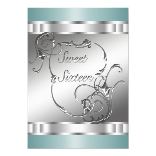 Teal Blue Silver Sweet 16 Birthday Party Announcement