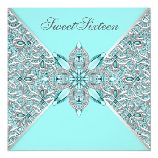 Teal Blue Silver Sweet Sixteen Birthday Party Announcements
