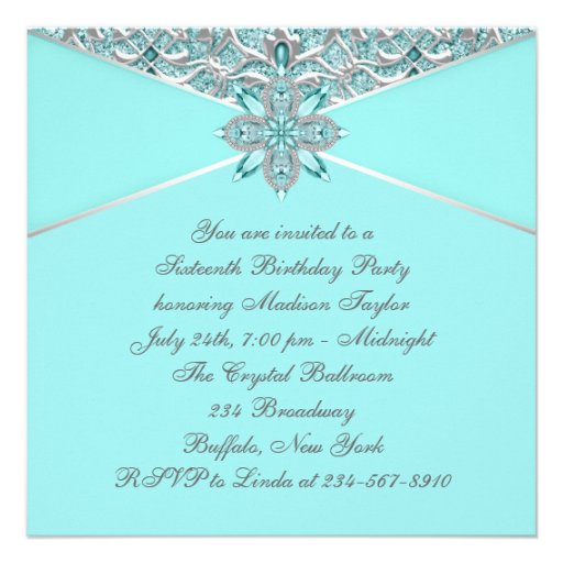 Teal Blue Silver Sweet Sixteen Birthday Party Announcements