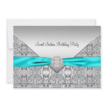 Teal Blue Silver Sweet Sixteen Party Personalized Announcements