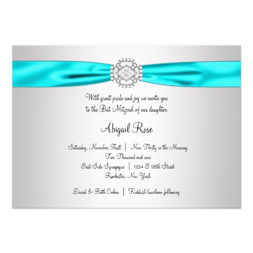 Teal Blue Silver Teal Bat Mitzvah Personalized Announcement