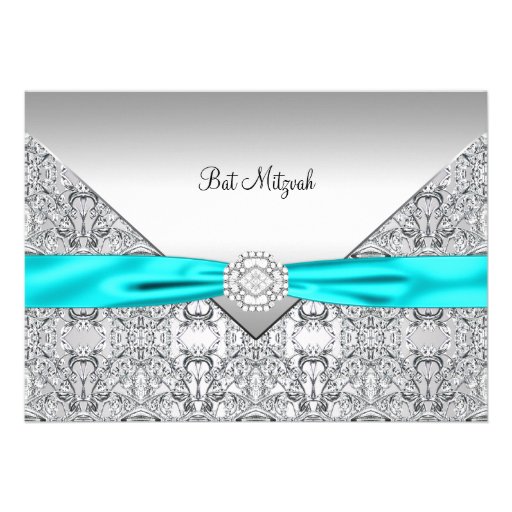 Teal Blue Silver Teal Bat Mitzvah Personalized Announcement (front side)