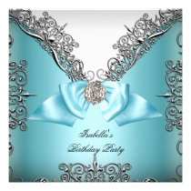 Teal blue Silver white Birthday Party invitations