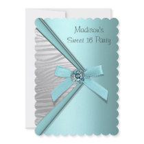 Teal Blue Silver Zebra Sweet 16 Party Announcements