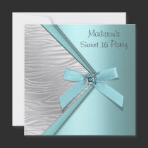 Teal Blue Silver Zebra Sweet 16 Party Invitations