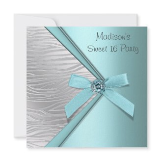 Teal Blue Silver Zebra Sweet 16 Party Invitations