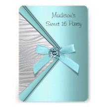 Teal Blue Silver Zebra Sweet 16 Party Announcements