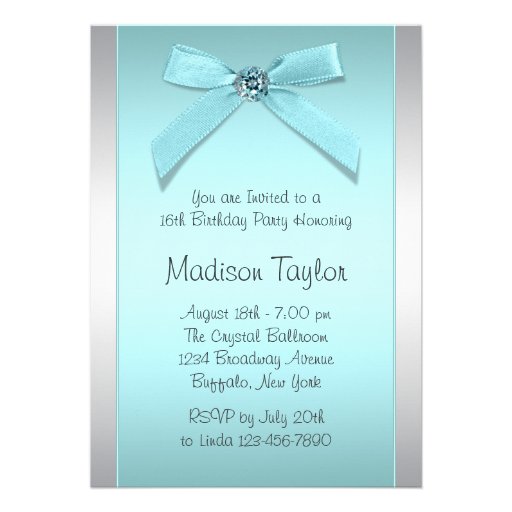 Teal Blue Silver Zebra Sweet 16 Party Announcements