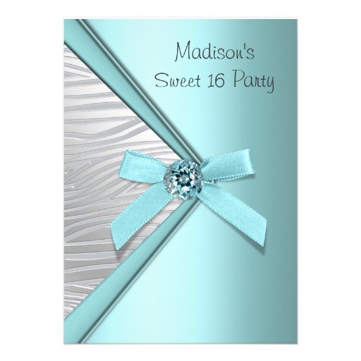 Teal Blue Silver Zebra Sweet 16 Party Announcements