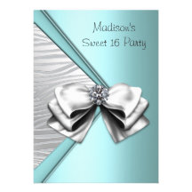 Teal Blue Silver Zebra Sweet 16 Party Personalized Invite