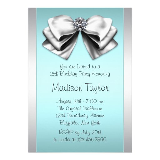 Teal Blue Silver Zebra Sweet 16 Party Personalized Invite