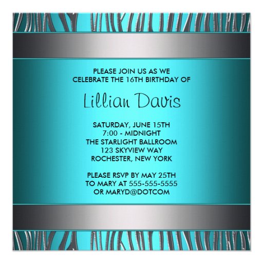 Teal Blue Silver Zebra Sweet 16 Party Custom Invitation