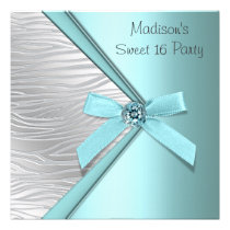 Teal Blue Silver Zebra Sweet 16 Party invitations