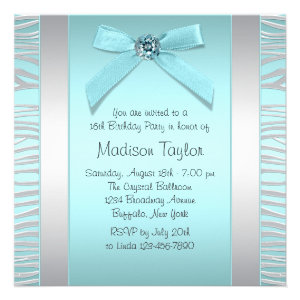 Teal Blue Silver Zebra Sweet 16 Party Invitations