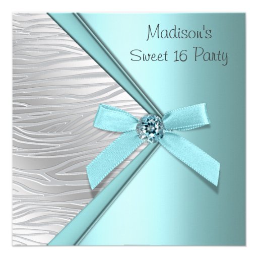 Teal Blue Silver Zebra Sweet 16 Party Invitations