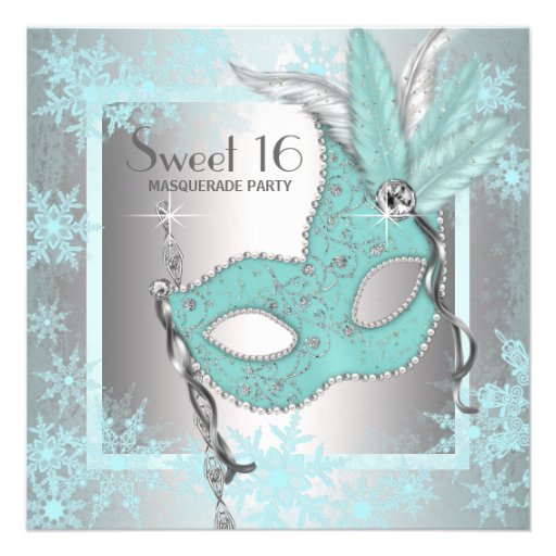 Teal Blue Snowflake Sweet 16 Masquerade Party Custom Invites