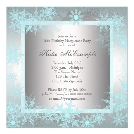 Teal Blue Snowflake Sweet 16 Masquerade Party Custom Invites