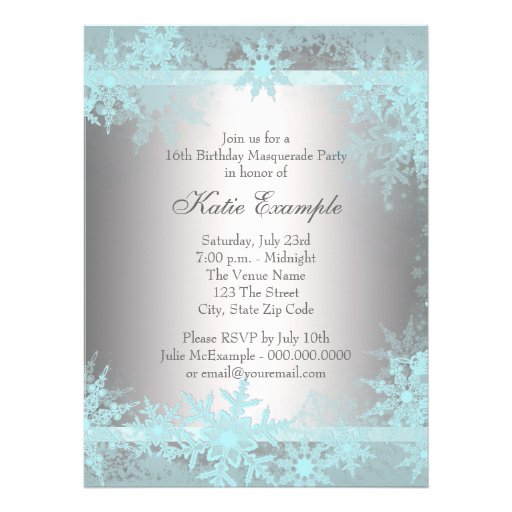 Teal Blue Snowflake Sweet 16 Masquerade Party Invitation