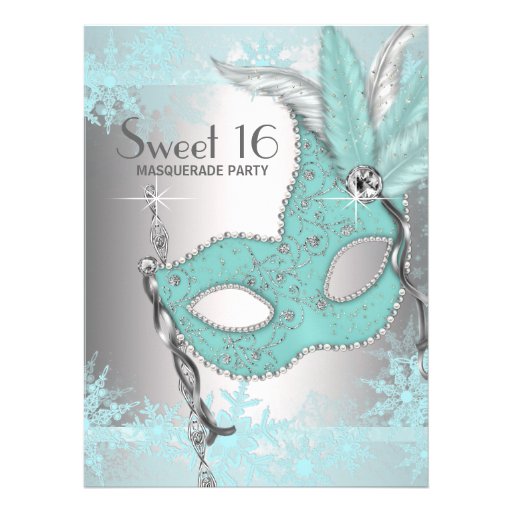 Teal Blue Snowflake Sweet 16 Masquerade Party Invitation (front side)
