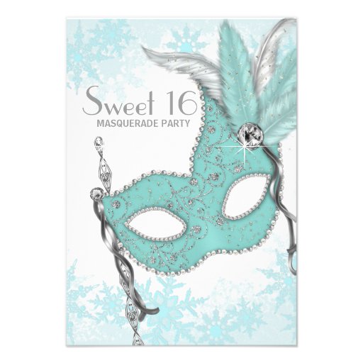 Teal Blue Snowflake Sweet 16 Masquerade Party Custom Invitations (front side)