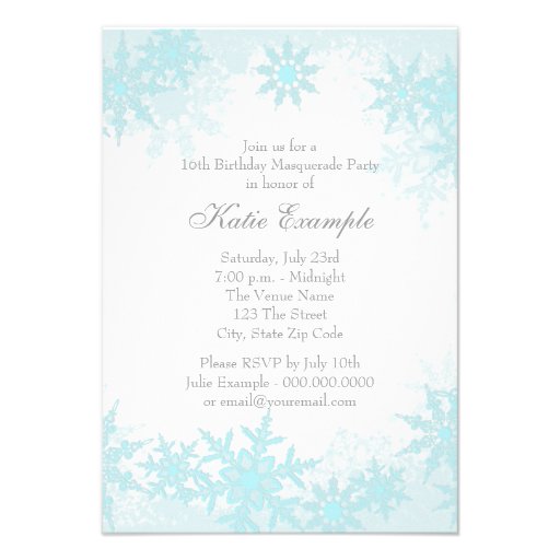Teal Blue Snowflake Sweet 16 Masquerade Party Custom Invitations