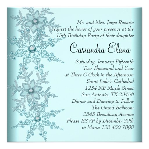 Teal Blue Snowflake Winter Wonderland Quinceanera Announcements