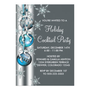 Teal Blue Snowflakes Ornaments Christmas Party Invitations