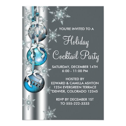 Teal Blue Snowflakes Ornaments Christmas Party Invitations