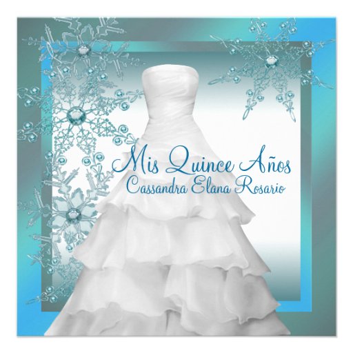 Teal Blue Snowflakes Winter Wonderland Quinceanera Custom Invites