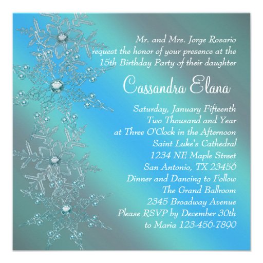 Teal Blue Snowflakes Winter Wonderland Quinceanera Custom Invites