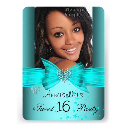 Teal Blue Sweet 16 Birthday Party Diamond Photo 2 Custom Invites