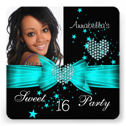 Teal Blue Sweet 16 Birthday Party Diamond Photo Personalized Invitations