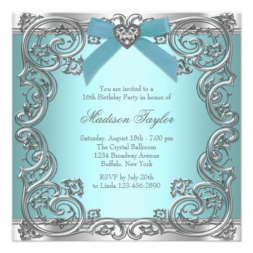 Teal Blue Sweet 16 Birthday Party Personalized Announcements