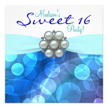 Teal Blue Sweet 16 Birthday Party Custom Invitation