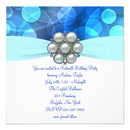 Teal Blue Sweet 16 Birthday Party Custom Invitation