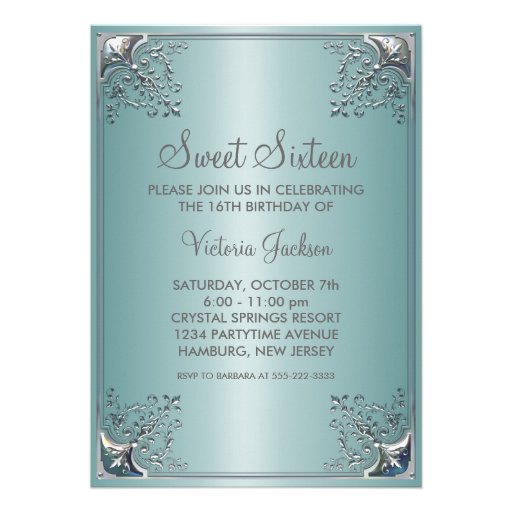 Teal Blue Sweet Sixteen Birthday Party Custom Invite