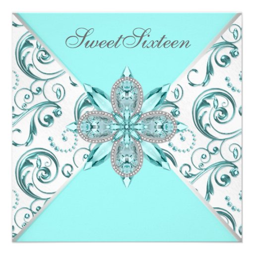 Teal Blue Sweet Sixteen Birthday Party Custom Announcements