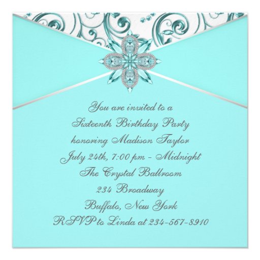 Teal Blue Sweet Sixteen Birthday Party Custom Announcements