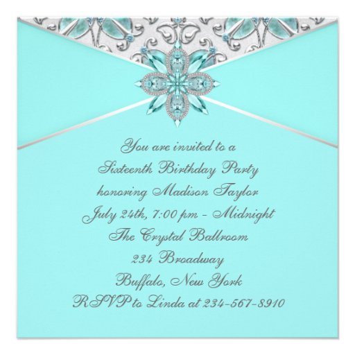 Teal Blue Sweet Sixteen Birthday Party Custom Announcements