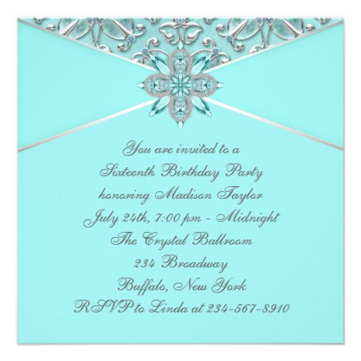 Teal Blue Sweet Sixteen Birthday Party Custom Invite