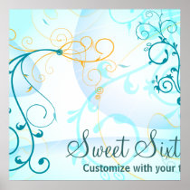 Teal Blue Swirls Sweet Sixteen Birthday Banner Print