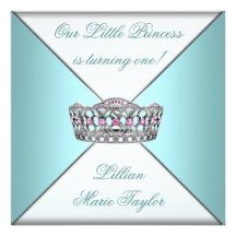 Teal Blue Tiara Princess First Birthday Party Announcement