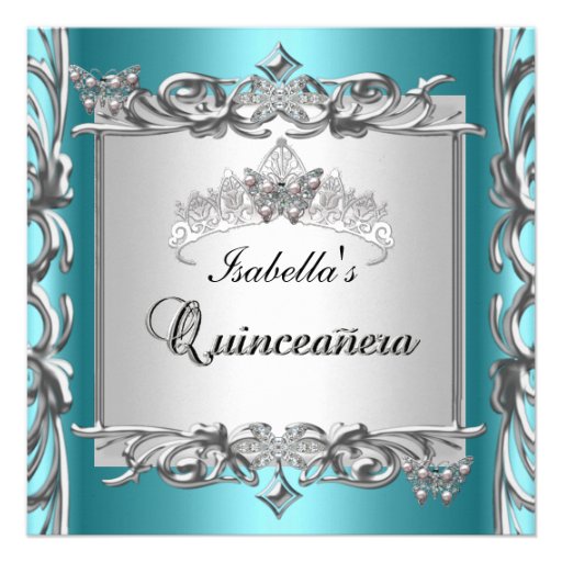 Teal Blue Tiara Quinceanera 15th Birthday Personalized Invite