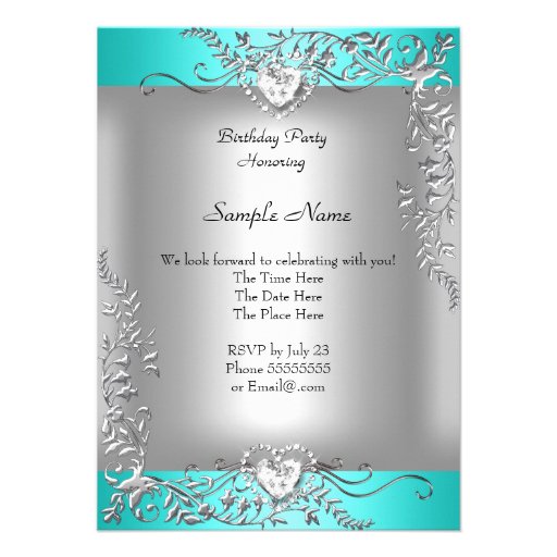 Teal Blue Turquoise Silver Birthday Party Personalized Announcement