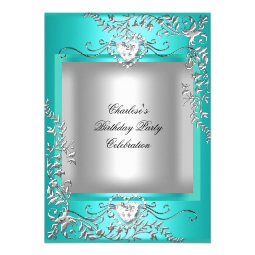 Teal Blue Turquoise Silver Birthday Party Personalized Announcement