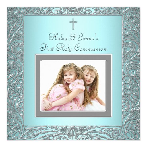 Teal Blue Twins Photo First Communion Custom Announcements
