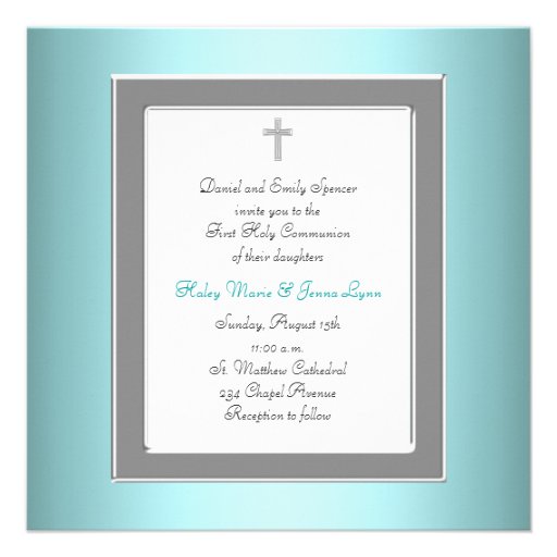 Teal Blue Twins Photo First Communion Custom Announcements